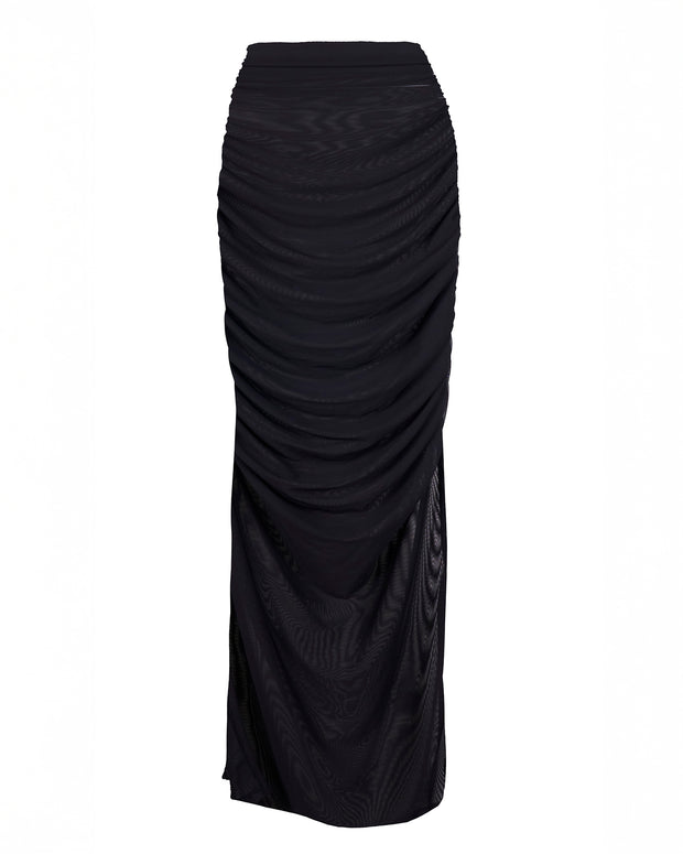 Outline image showing Ruched Sheer Side Slit Maxi Skirty - Black
