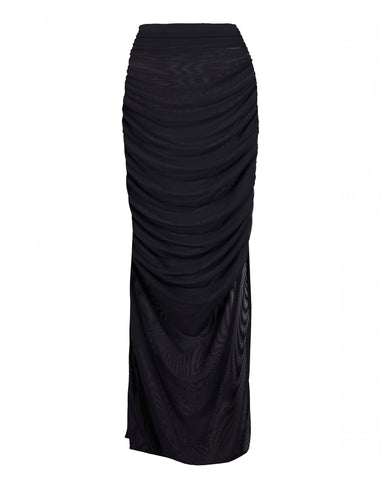 Ruched Sheer Side Slit Maxi Skirty - Black side view slit close up