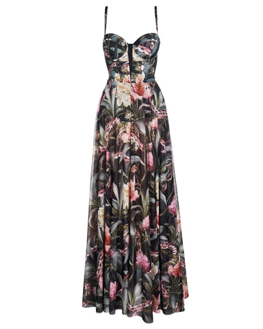 Model wears Bombshell Maxi Shapewear Dress - Midnight Peony side view