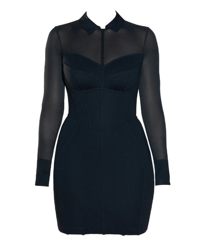 Collar Mesh Mini Dress - Black