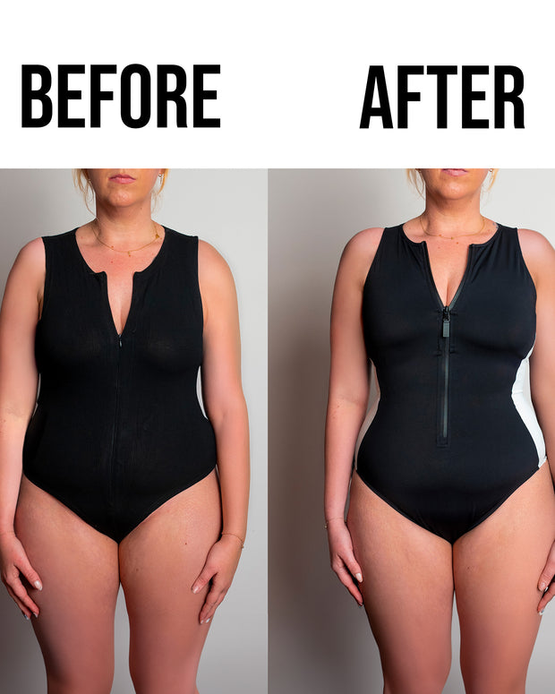 Before and after of Brazilian Crewy - Contour Rib Black/Tawny on model