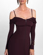 Model in Corsety Off Shoulder Long Sleeve Midi Dress - Garnet zommed in front view