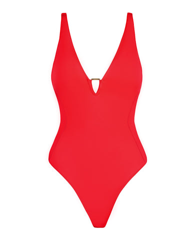 Model wears Hi Cut Plungey Triangle One Piece Shapewear Swimsuit - Red back view close up
