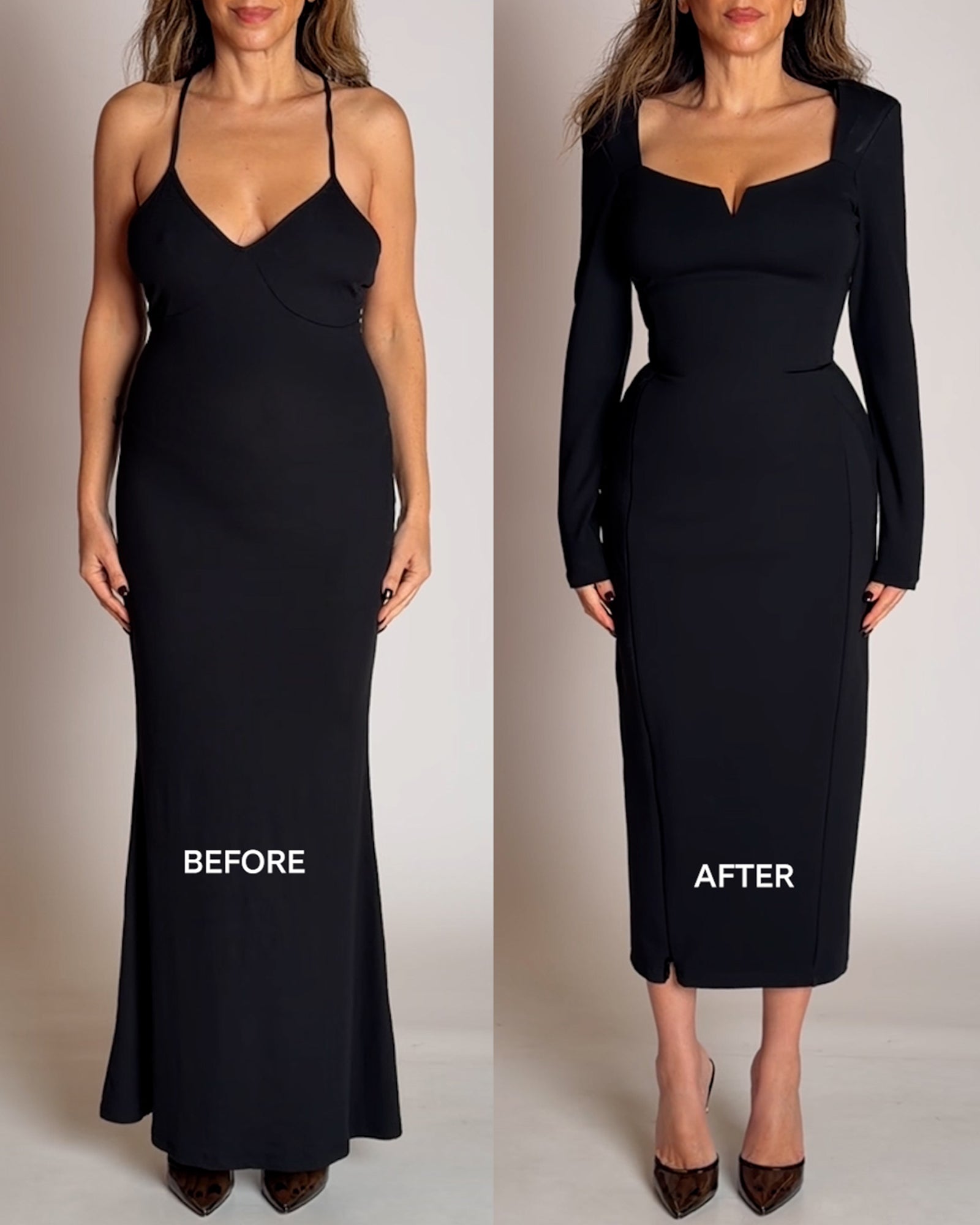 Notchy Long Sleeve Midi Shapewear Dress - Black | TA3