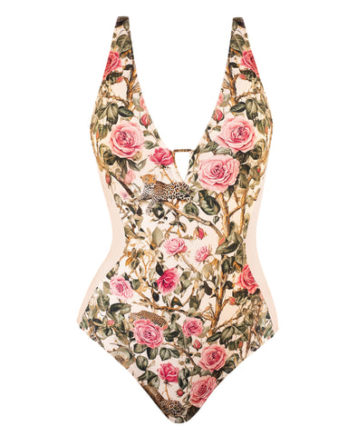 Back view of Plungey Triangle - Contour Pink Rose Leopard/Pinky Oat on body 