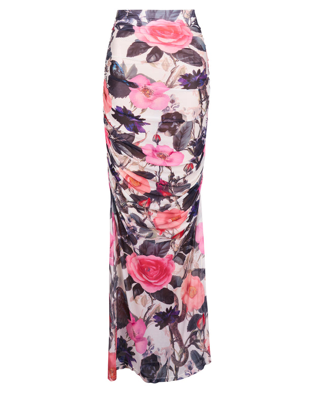 Outline image showing Ruched Sheer Side Slit Maxi Skirty - Rose Bloom