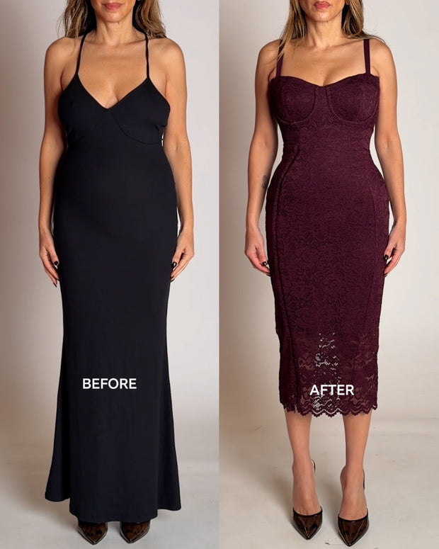 Before and after of Seamed Lushy Midi Dress - Lace Garnet