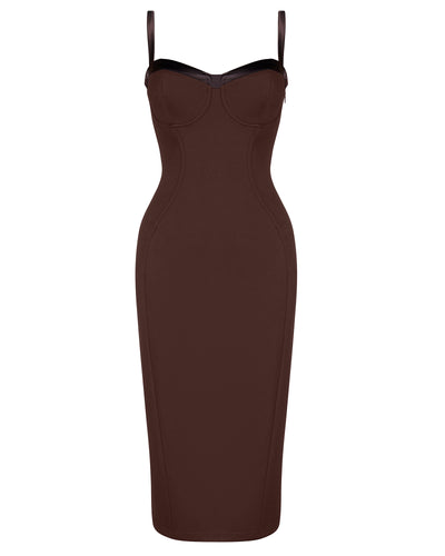 Outline image showing Seamed Lushy Pencil Midi Shapewear Dress - Espresso Shine