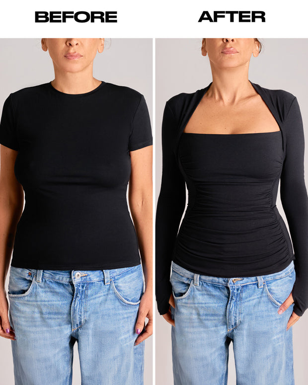 Shapey Shapey Ruched Long Sleeve Shapewear Top - Black | TA3