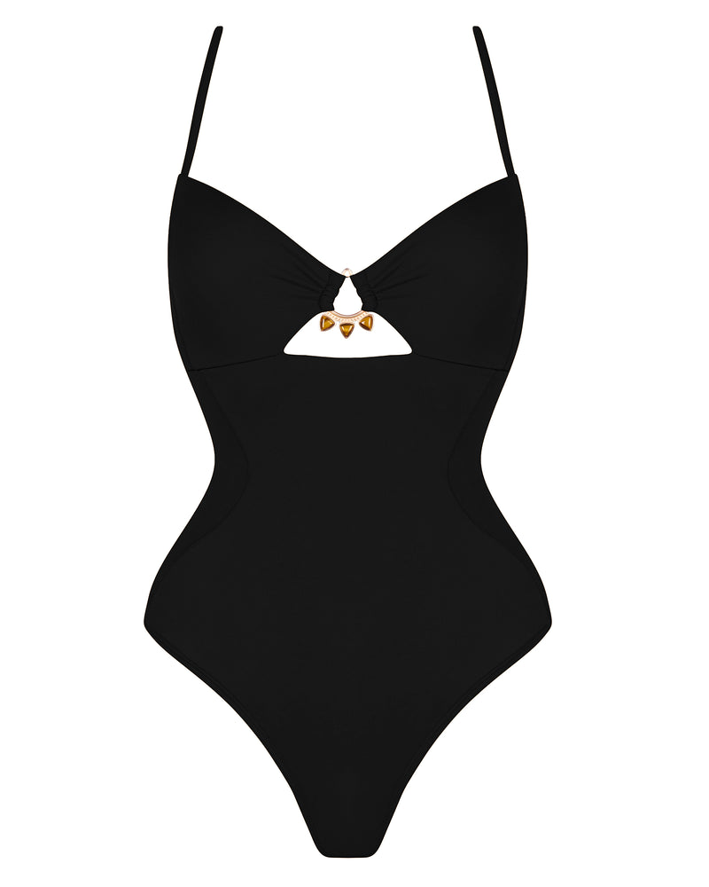 Outline image showing Jeweled Cut Out Deep Plunge One Piece Shapewear Swimsuit - Black