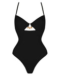 Outline image showing Jeweled Cut Out Deep Plunge One Piece Shapewear Swimsuit - Black