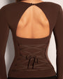 Model wears in Sweetie Long Sleeve Sculpting Shapewear Top - Espresso open back close up