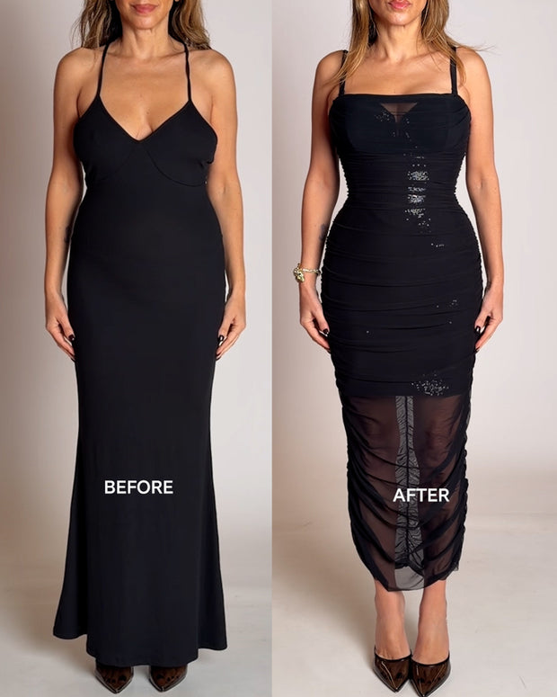 Before and after of Sweetie Mesh Column Dress - Black