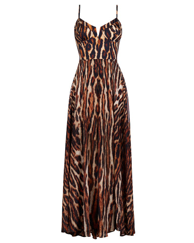 Model Posing in Vixen Corset Front Slit Shapewear Maxi Dress - Pilates Cat Front View