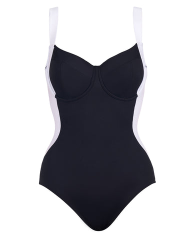 Model wears Lifty - Contour Black/White One Piece Tummy Control Shapewear Swimsuit side view