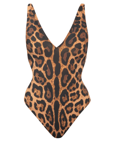 Model wears Brazilian Plungey Cheeky One Piece Shapewear Swimsuit - Symmetric Leopard side view