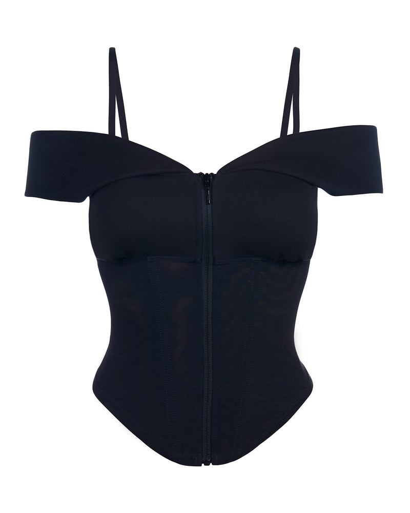 Outline image showing Corsety Draped Off Zipper Front Shapewear Shoulder Top - Black with straps