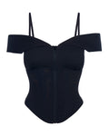 Outline image showing Corsety Draped Off Zipper Front Shapewear Shoulder Top - Black with straps