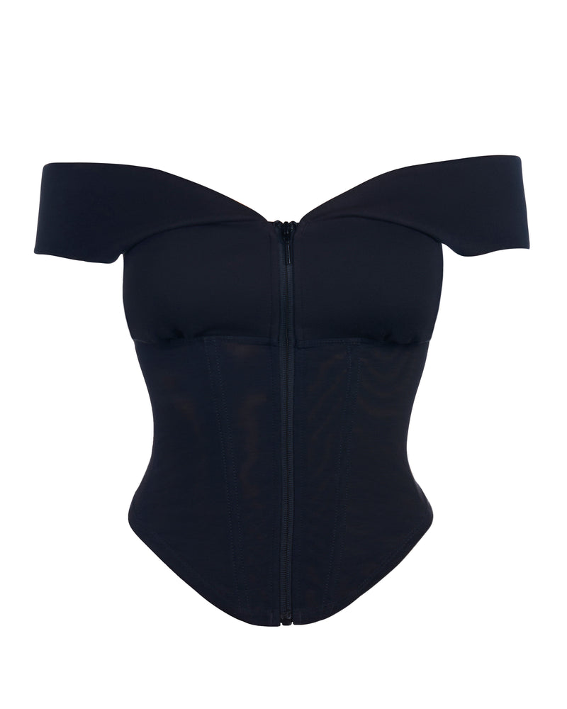 Outline image showing Corsety Draped Off Zipper Front Shapewear Shoulder Top - Black