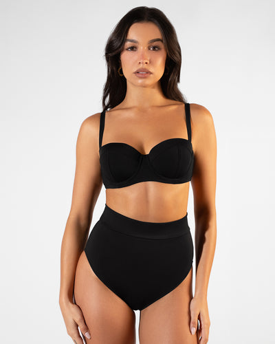 Model wearing Adjustable Kini Bottom - Black paired with Bombshell Bikini Top - Black front view