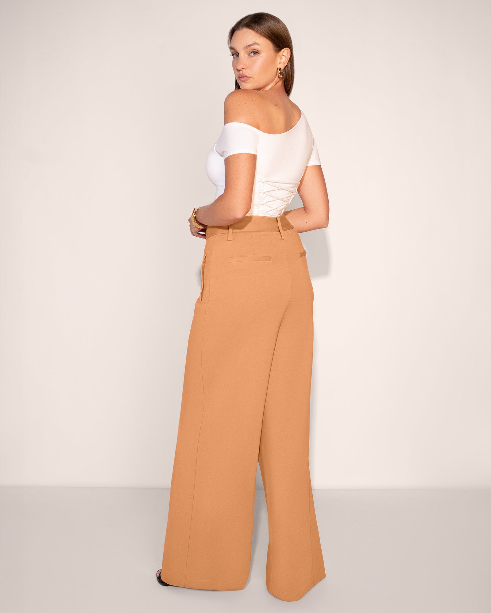 Belted Wide Leg High-Waist Ponte Pant - Camel | TA3