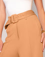 Close up of Belted Wide Leg Ponte Pant - Camel highlighting the belt and pocket