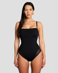 Model is wearing Squarey Thin Strap Square Neck Shapewear Swimsuit - Black front view