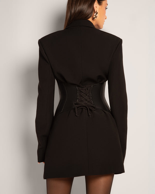 Model wears Corset Belt - Faux Leather Black back view