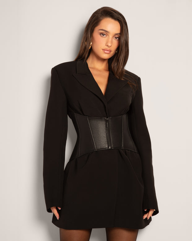 dress corset belt Sosana - Long Sleeve Plain Maxi Dress with Faux Leather Corset Belt