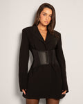 Model wears Corset Belt - Faux Leather Black front view