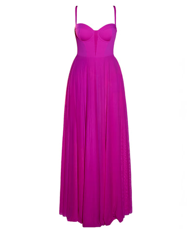 Back view of Bombshell Maxi Dress - Electric Fuchsia full body on model