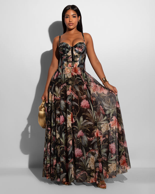 Model wears Bombshell Maxi Shapewear Dress - Midnight Peony front view