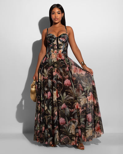 Model wears Bombshell Maxi Shapewear Dress - Midnight Peony front view