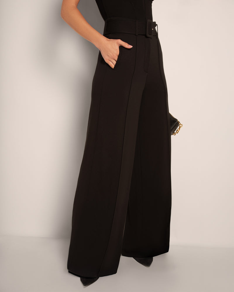 Model wears Belted Wide Leg High-Waist Ponte Pant - Black full side view