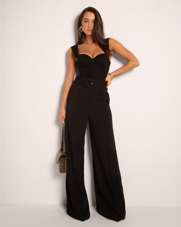 Model wears Belted Wide Leg High-Waist Ponte Pant - Black with top full front view
