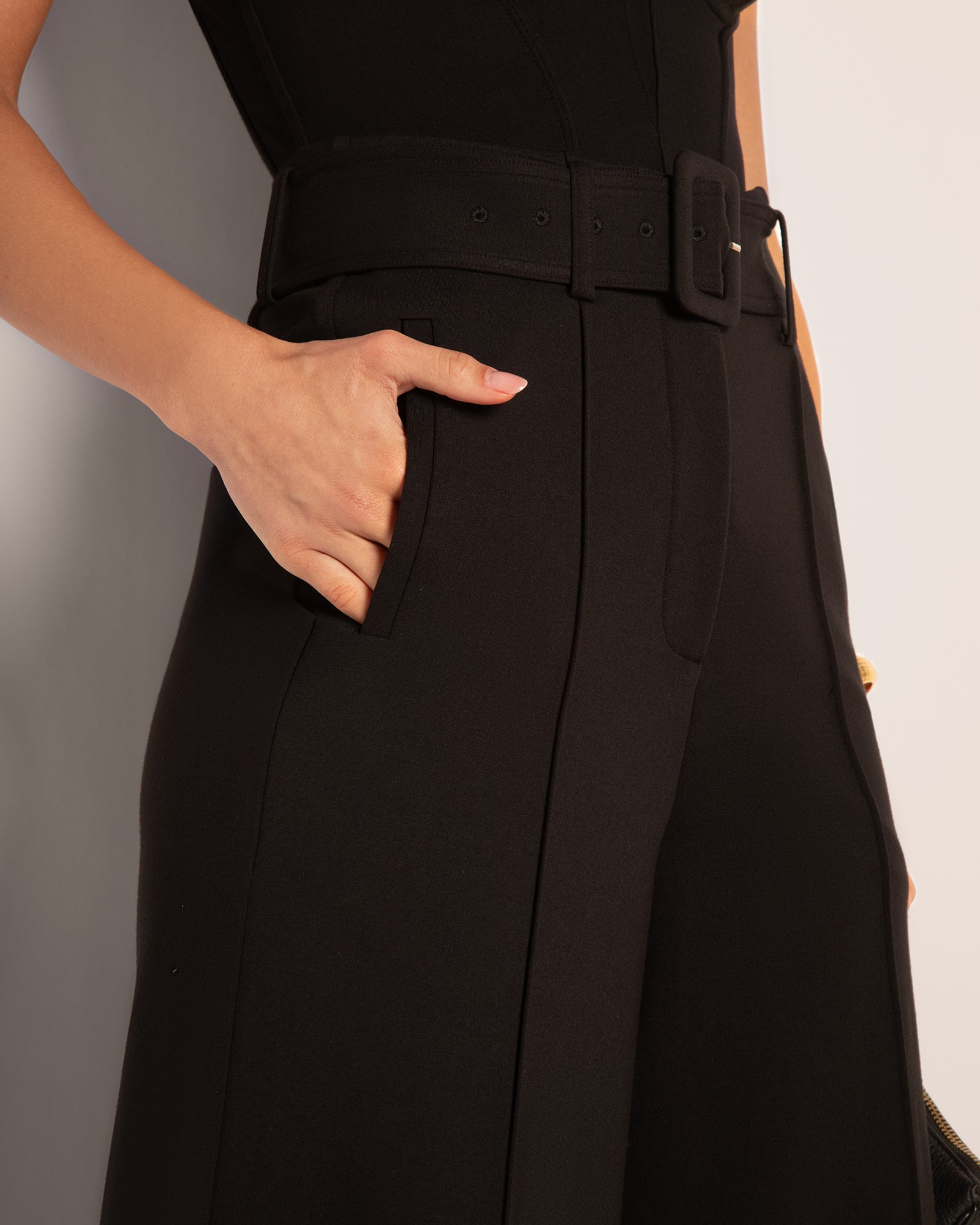 Belted Wide Leg High-Waist Ponte Pant - Black | TA3