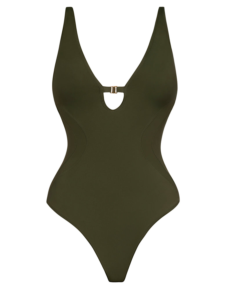Outline image showing Brazilian Plungey Keyhole Tummy Control Shapewear Swimsuit - Fern Green