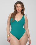 XL size Model wears Brazilian Plungey Cheeky One Piece Shapewear Swimsuit - Teal full front view