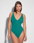 Model wears Brazilian Plungey Cheeky One Piece Shapewear Swimsuit - Teal full front view