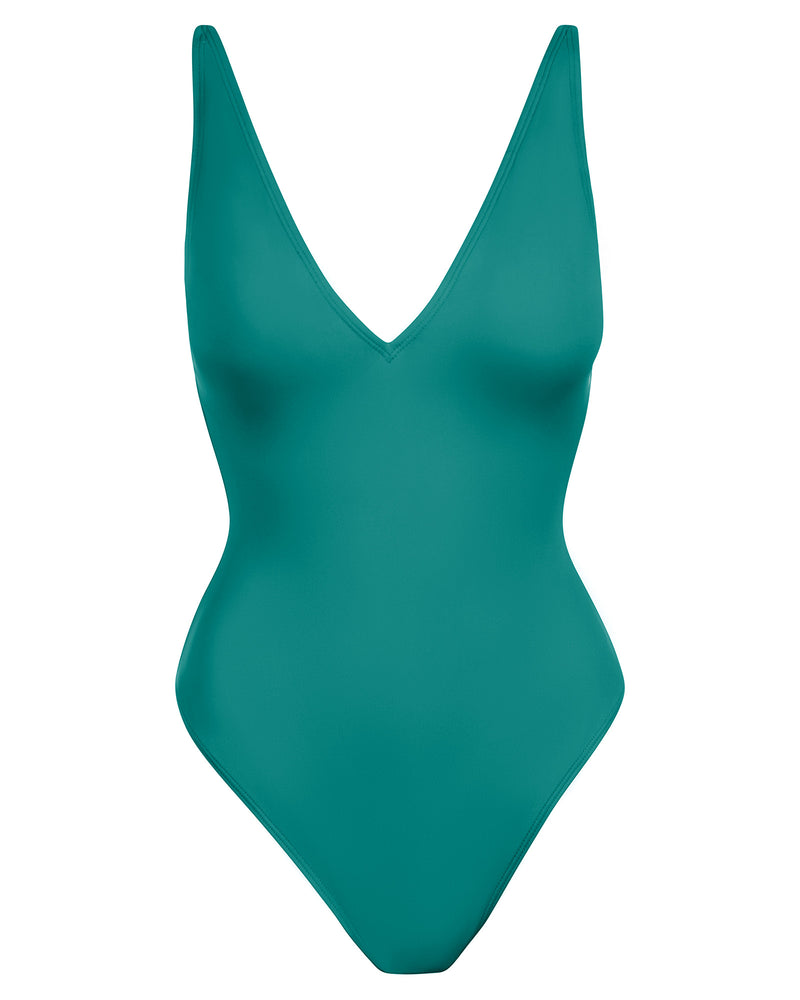 Outline image showing Brazilian Plungey Cheeky One Piece Shapewear Swimsuit - Teal