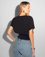 Model wears Corset Blousey Raglan Sleeve Shapewear Tee - Black back view