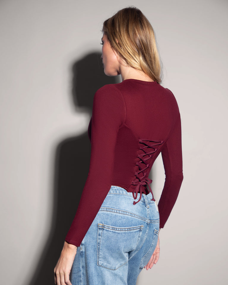 Long Sleeve Corsety Top - Dark Cherry