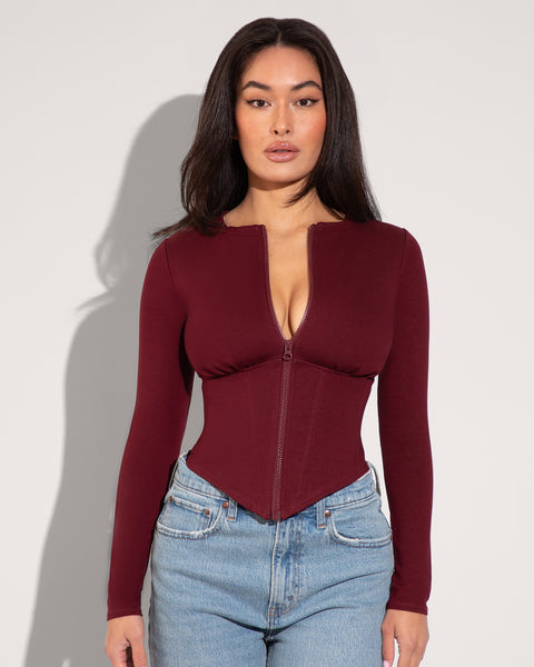 Long Sleeve Corsety Top - Dark Cherry