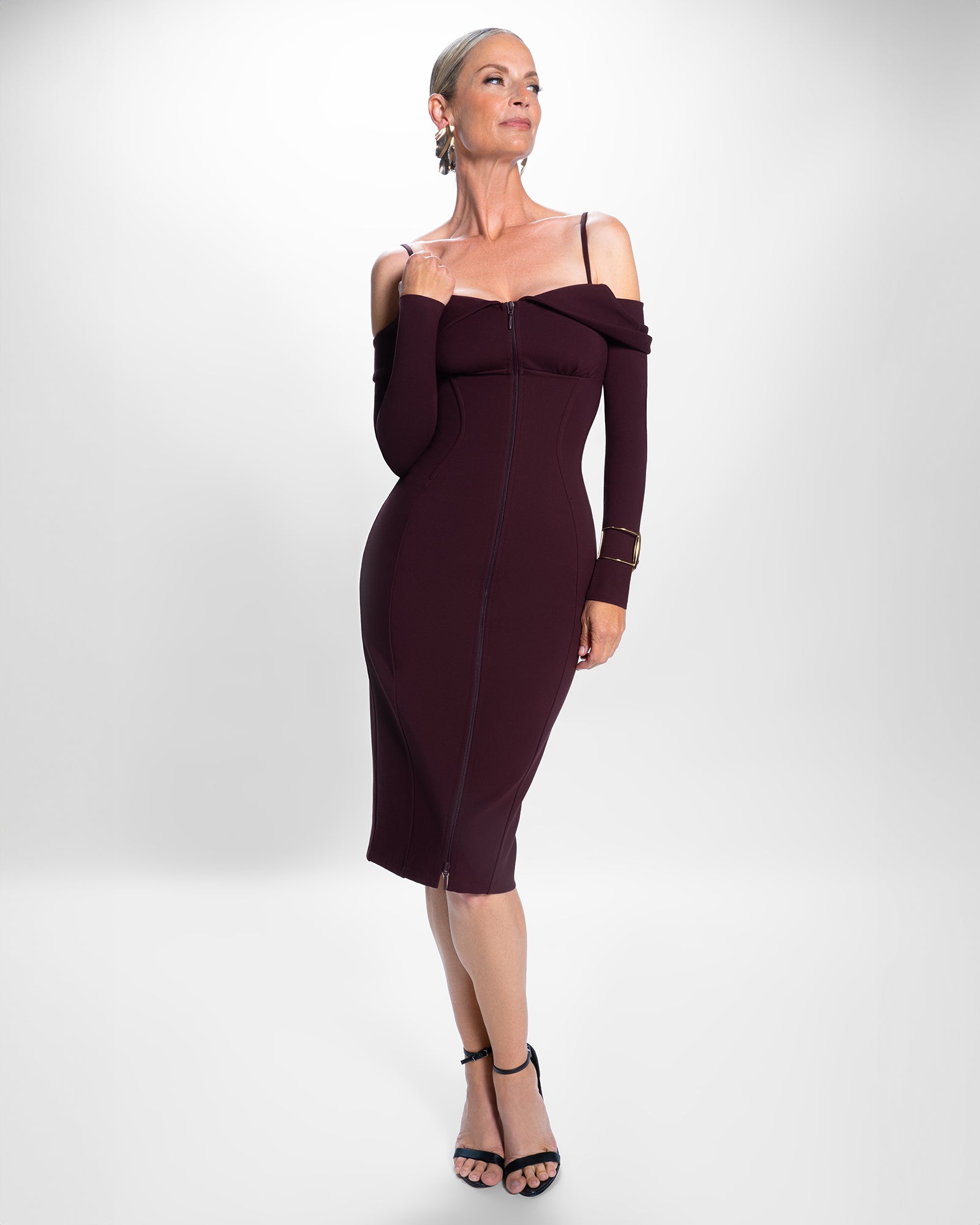 Corsety Off Shoulder Long Sleeve Midi Shapewear Dress - Garnet | TA3 Corsety Off Shoulder Long Sleeve Midi Shapewear Dress - Garnet | TA3