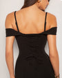 Model wears Corsety Off Shoulder Pencil Shapewear Dress - Black Close up back view