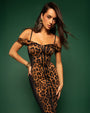 Model posing Corsety Off Shoulder Pencil Shapewear Dress - Symmetric Leopard front view