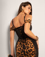 Model wears Corsety Off Shoulder Pencil Shapewear Dress - Symmetric Leopard close up side view