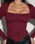 Corsety Square Neck Long Sleeve Shapewear Top - Dark Cherry close up front view