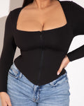 Corsety Square Neck Long Sleeve Sculpting Shapewear Top - Black front view close up