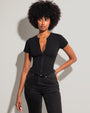 Model wears Short Sleeve Corsety Sculpting Shapewear Top - Black front view
